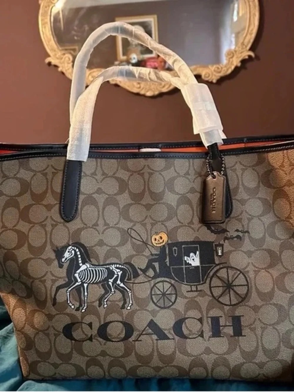 Coach Brown Signature Tote with Halloween Carriage Graphic